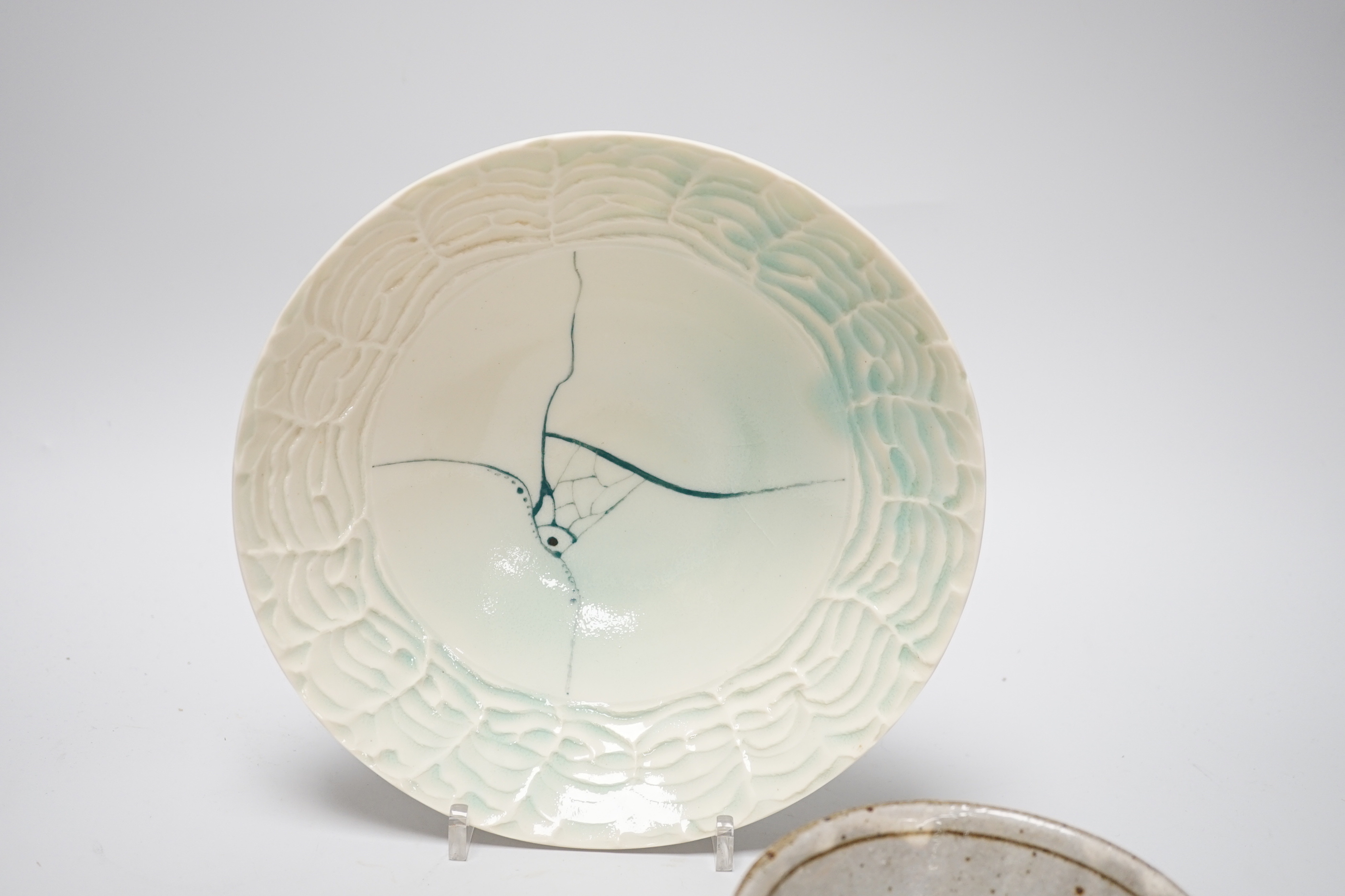 Two pairs of Japanese studio pottery bowls, a European studio bowl and similar ceramic mask raised on hexagonal base, the largest 33cm high